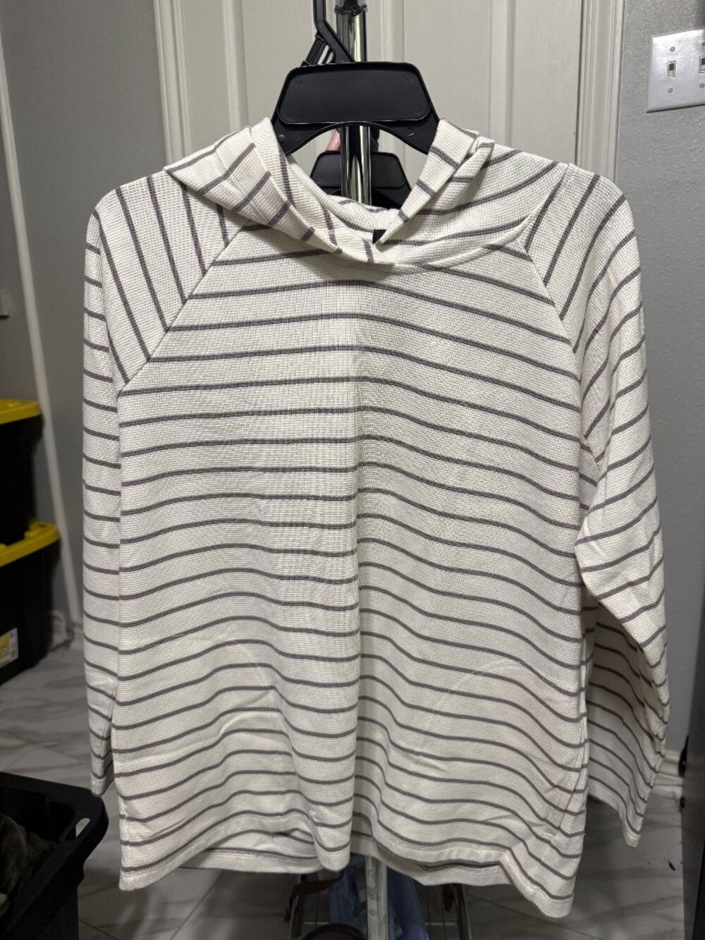 Max & Mia Women's Striped Thermal Waffle-Knit Hooded Lounge Top - L